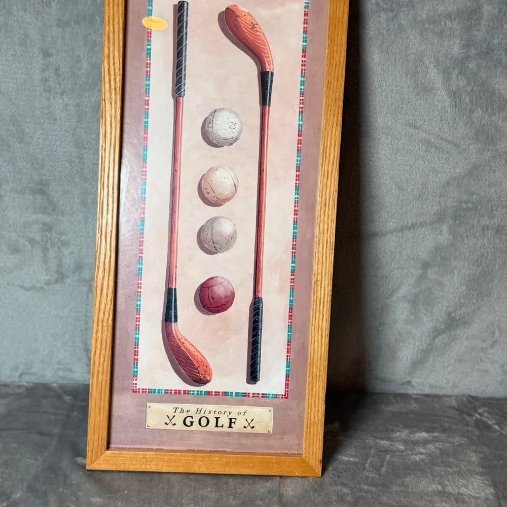 Vintage Golf Print Wall Art - Oak Frame, Pink Accents